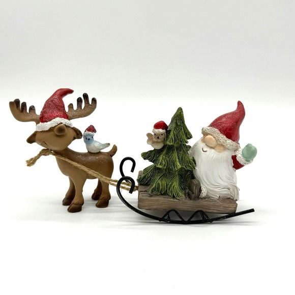 Santa Sled Pulled By Reindeer Christmas Resin Figure Tree Birds Sleigh New - Picture 1 of 4